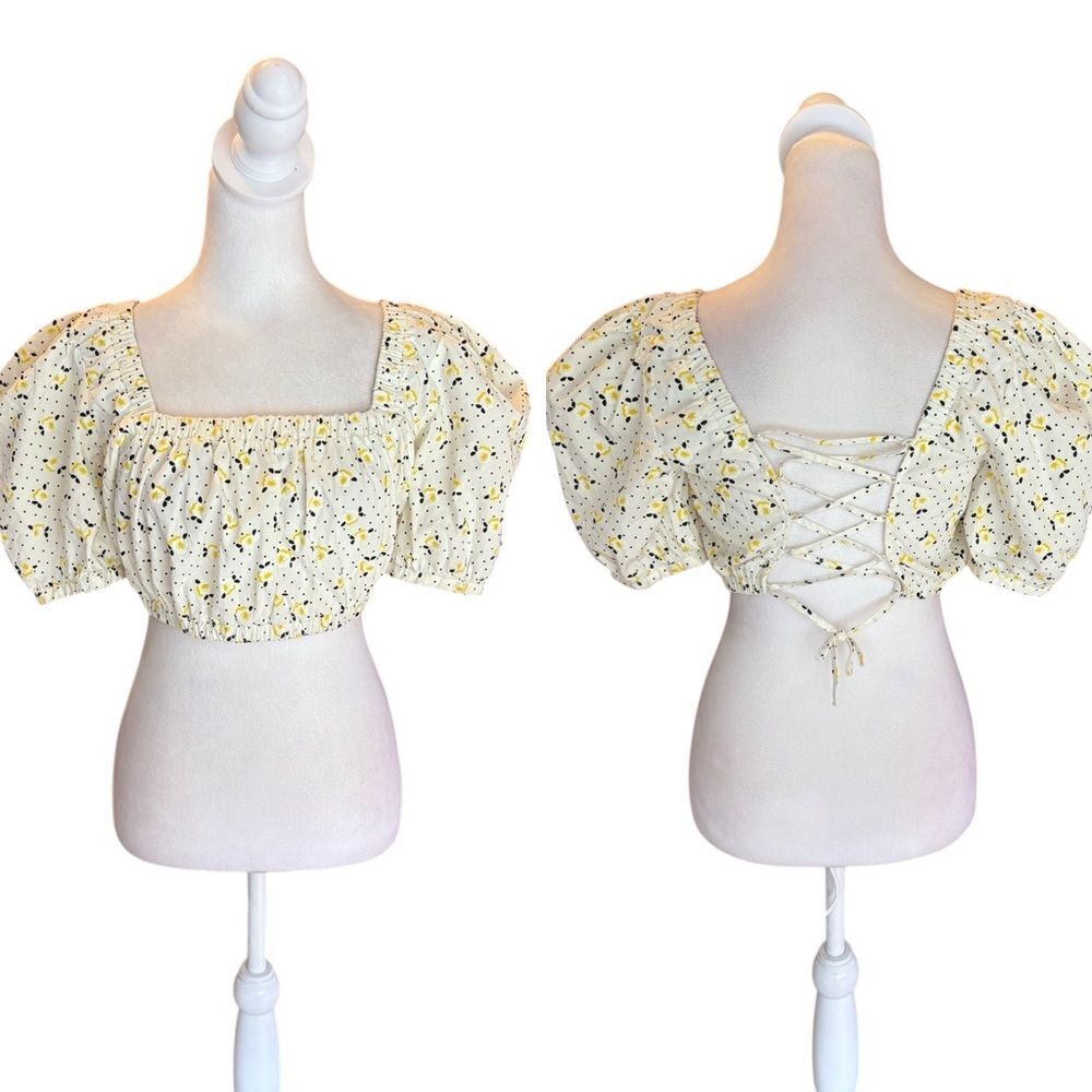 Zara Crop Top Floral Print Balloon Sleeve White Yellow Womens Size Small